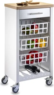 Immagine prodotto di DON HIERRO - Carrello da cucina KARA bianco con cassetto, 3 cestelli e piano di lavoro in look legno