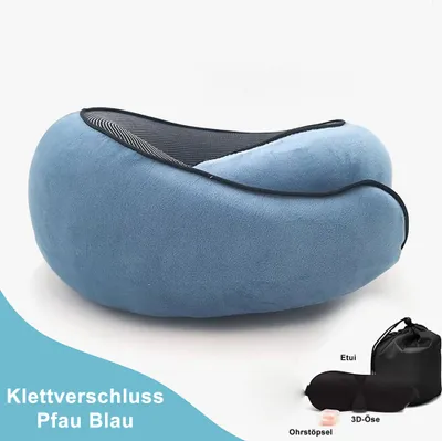 Produktbild von Reise-Nackenkissen, Kinnstützkissen, verstellbares Surround-Kissen zum Schlafen, Pfauenblau 3D-Augenmaske, Ohrstöpsel magischer Aufkleber Anzug