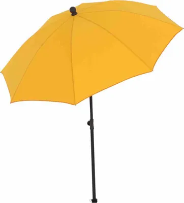 A yellow umbrella with a black pole and handle, isolated on a white background.