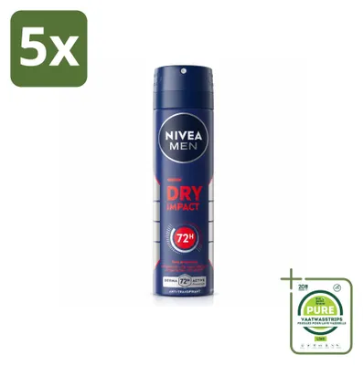 Immagine prodotto di 5 confezioni di deodorante spray NIVEA MEN Dry Impact, 150 ml ciascuna - confezione grande - 5 pezzi