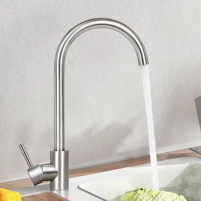 Immagine prodotto di Rubinetto da cucina in acciaio inossidabile spazzolato - orientabile a 360° - acqua calda e fredda - alta pressione - rubinetto per vasca da bagno