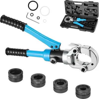 Produktbild von Hydraulische Rohrpresse - Crimpzange für Rohre - 8 t Pressdruck - U16/20/25/32 mm Backen - 360° drehbarer Kopf - Für Kupfer-, Aluminium-, PEX- und PB-Rohre - Blau