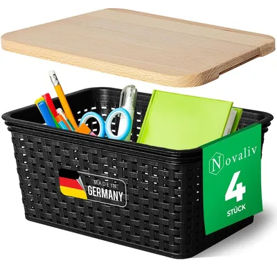 Produktbild von Novaliv 4er Set Elegante Aufbewahrungskörbe mit Holzdeckel Rattan-Optik | Schwarz Lebensmittelecht Kunststoff 5L – für Büro und Zuhause. Vielseitige Kisten zur Aufbewahrung. Ideale Aufbewahrungsbox