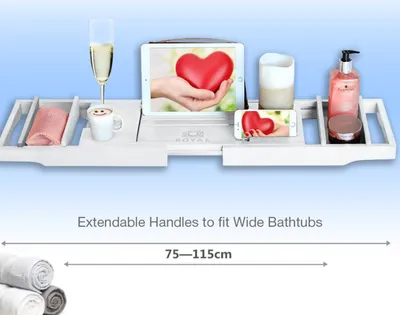 Produktbild von Decopatent® Badewannenablage - Ausziehbar 75 -> 110 cm - Verstellbares Bambusbrett für die Badewanne - Buchhalter - Tablet-Halter - Weiß