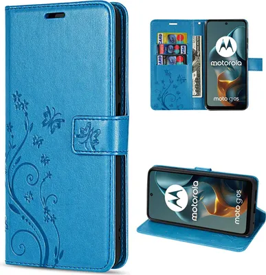 A collage of images showing a blue flip phone case with floral and butterfly embossing, and a phone inside the case.