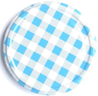 A round lid with a blue and white checkered pattern.