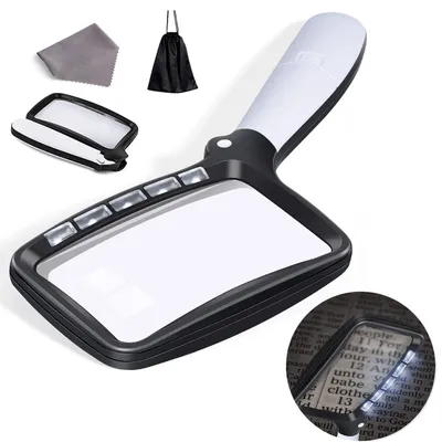Image de Loupe d'inspection avec éclairage, pliable, pour seniors, format grand, 5 LED, grossissement 3x, rectangulaire, avec variateur de luminosité, idéale pour lire des journaux, des livres, des textes en petits caractères, pour l'inspection, référence 10863, dimensions 14 * 11,5 cm, couleur blanche et noire