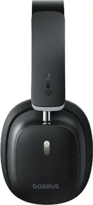 A close-up, front-facing view of a black Baseus Bowie 30 Max wireless headphone.