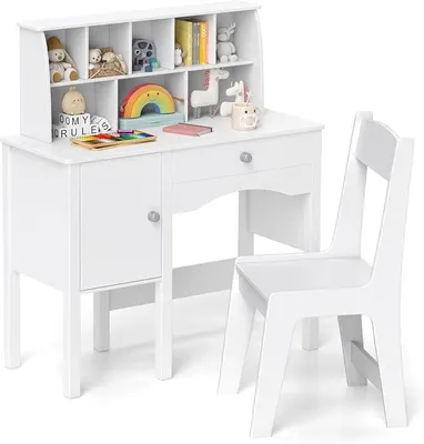 Imagen del producto de Escritorio infantil con silla, escritorio juvenil con armario, cajón y estantería, escritorio para niños en habitación infantil, hecho de madera, escritorio para niños a partir de 3 años, 79 x 34 x 91 cm (blanco)