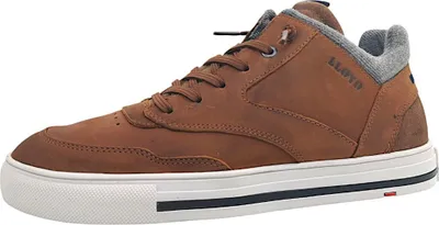 A single brown leather shoe is shown against a white background.