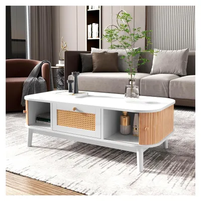 Produktbild von Couchtisch, Moderner Kaffeetisch mit Schubladen und Schiebetüren aus Massivholz, Wohnzimmertisch mit Stauraum, Multifunktionaler Beistelltisch im Landhausstil, Natur & Weiß