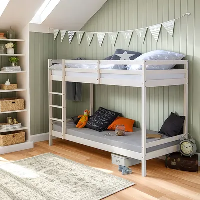Produktbild von Homestyle4u Kinder Hochbett 90x200 cm Weiß – Etagenbett Leiter links/rechts – 2 Rollroste