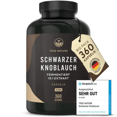 Produktbild von Schwarzer Knoblauch Kapseln - 360 Stück (750mg) - Extrakt 15:1 - 14,89% Polyphenole - enthält S-Allylcystein (SAC) - Fermentiert - TRUE NATURE®