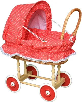 Produktbild von Puppenwagen aus Weide in Retro-Stil ROT MIT PUNKTEN Weidenpuppenwagen Weidenwagen Handarbeit CE