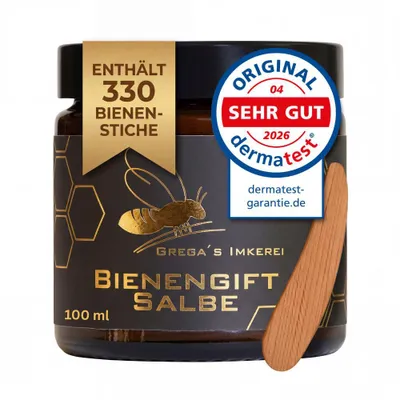 Produktbild von Bienengiftsalbe 100 ml – Derma Test „Sehr gut“ | Hochkonzentriert (ca. 330 Bienenstiche) | Muskel- & Gelenkpflege inkl. Massivholz-Spatel von Gregas