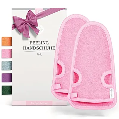 Produktbild von LoWell® 2 Stück Peelinghandschuh - Hamam Peeling Handschuh für Körper und Gesicht - Bonus Peeling Guide und 2 Saugnäpfe - Pink