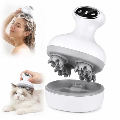 Produktbild von Elektrischer Kopf- und Kopfhautmassagegerät, Wasserdicht, 84 Massageknoten, 4 Austauschbare Aufsätze, für Haarwachstum, Stressabbau & Haustiere, Weiß