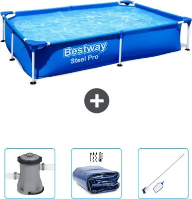 Produktbild von Bestway rechteckiger Steel Pro-Schwimmbecken – 221 x 150 x 43 cm – Blau – im Lieferumfang enthalten Pumpe - Sonnensegel - Reinigungskit