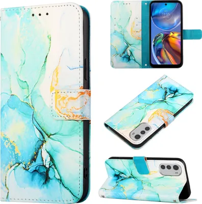 Produktbild von Moto E32 Hülle, Marmor Motiv Kunstleder Tasche Wallet Kartenfächer mit Standfunktion Klapp Schutzhülle für Motorola Moto E32 Grün