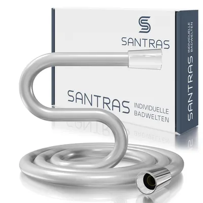 A shower hose and its packaging are displayed against a white background.