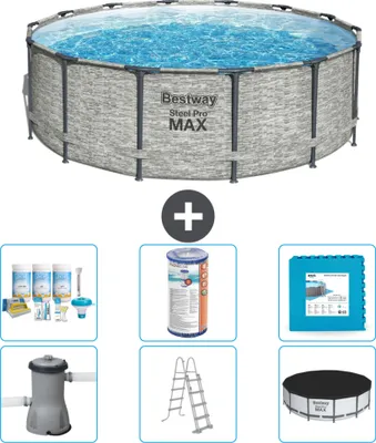 Produktbild von Bestway Round Steel Pro MAX Schwimmbad – Steindruck – 427 x 122 cm – inklusive Pumpe – Leiter – Abdeckung Wartungspaket - Filter - Bodenfliesen
