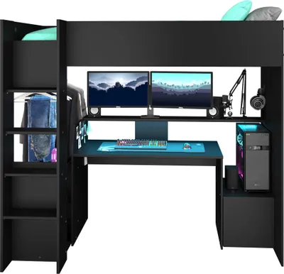 Image de Lit surélevé Gaming LevelUp 90x200cm avec table de jeu - noir
