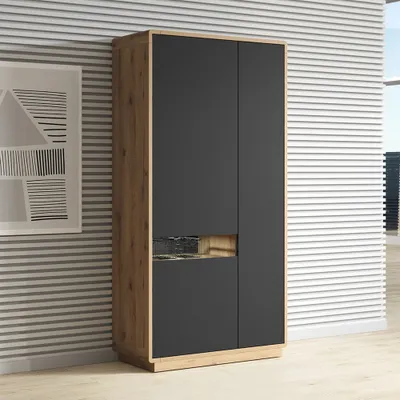 Produktbild von Moderner Wohnzimmerschrank Eiche Taurus Nb. inkl. LED Beleuchtung ALBANY-83 mit Absetzungen in schwarz matt, B/H/T: ca. 92/181/40 cm