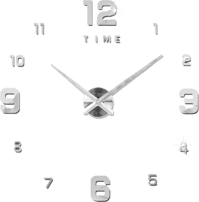 A 3D wall clock with silver numbers and hands on a white background.