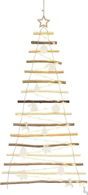 A decorative Christmas tree made of wooden sticks and adorned with lights and ornaments.