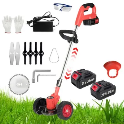 Produktbild von Akku Rasentrimmer mit 2×1300mAh Akkus 21V 4in1 Bürstenloser Motor Rasentrimmer mit Unkrautbürste Freischneider mit Messer und Ladegerät für Garten Hof