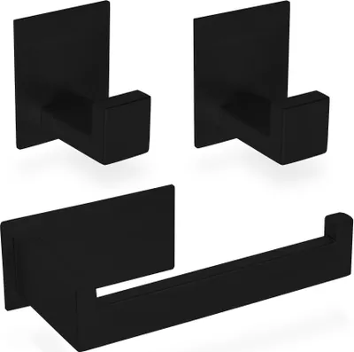 Produktbild von ECENCE 1x Toilettenpapierhalter + 2x Handtuchhaken ohne Bohren, Badezimmerset selbstklebend Schwarz