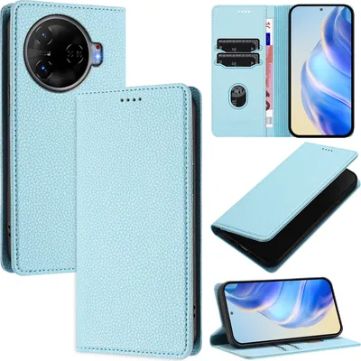 Produktbild von Litchi Leder Handyhülle für Tecno Camon 30 Pro 5G Wallet Kartenfächer Standfunktion Hülle Hellblau