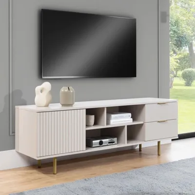 Produktbild von Moderner RTV Schrank Nubia 150cm TV Schrank mit zwei Schubladen TV-Lowboard Metallbeine Glamour-Stil (Kaschmir + goldene Beine)