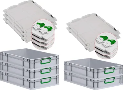 Produktbild von SuperSparSet 5x Eurobox NextGen Color mit Scharnierdeckel und Schiebeschnappverschlüssen | HxBxT 12x40x60cm | 23 Liter | Grau | Griffe grün geschlossen | Glatter Boden | Eurobehälter, Transportbox, Transportbehälter, Stapelbehälter