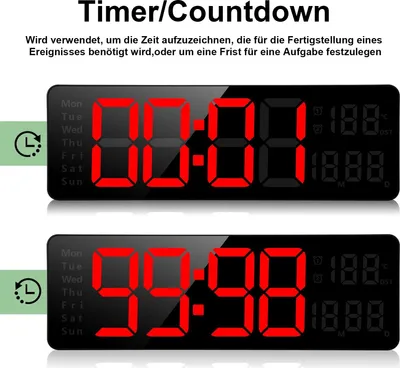 Two digital clocks displaying different times, with German text describing their function.