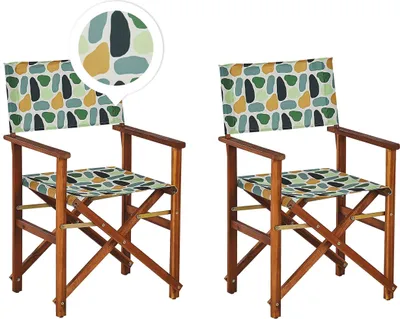 Produktbild von BELIANI Gartenstühle 2er Set Dunkles Akazienholz mit Wechselbaren Stoffbezügen Grau und Bunt Fleckenmotiv Zusammenklappbar Outdoor Gartenzubehör