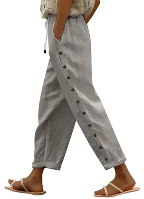 Immagine prodotto di Pantaloni larghi in lino con cintura elastica e bottoni laterali