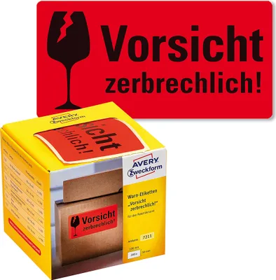 Produktbild von Avery Zweckform 7211, Warn-Etiketten, Motivdruck: Aufschrift "Zerbrechlich", 100 x 50 mm, 200 Etiketten / 1 Rolle, leuchtrot