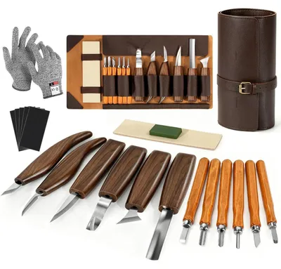 Produktbild von 17-teiliges Schnitzwerkzeug-Set mit Handschuhen, Walnussholzgriff, Dunkelbraun