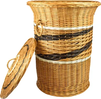 A wicker laundry basket with its lid open, shown against a white background.