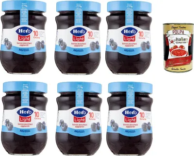 Produktbild von Hero Light Konfitüre Leichte Brotaufstriche Blaubeeren, Extra-Marmelade und Konfitüre mit hochwertigen Früchten, ohne Zuckerzusatz und sehr wenig Kalorien 6x 280 g + Italian Gourmet polpa 400g