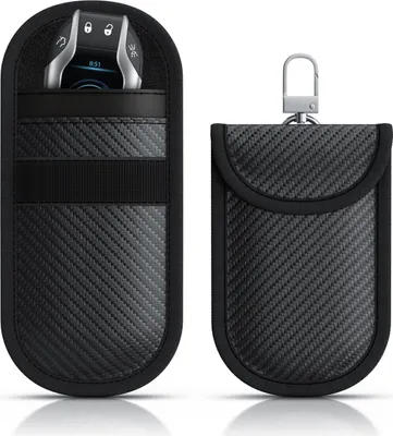 Two black RFID signal blocker pouches for car keys, one with a car key inside.