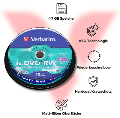 Produktbild von Verbatim DVD-RW 4x 4.7GB 10er Pack Spindel beschreibbar