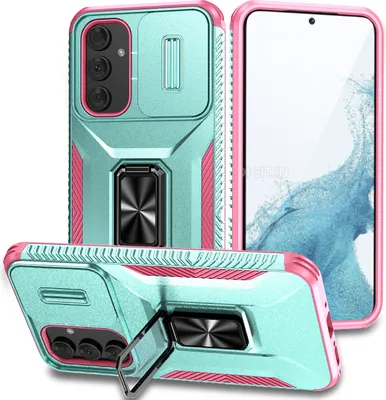 Produktbild von Handyhülle für Samsung Galaxy A34 5G Dual Layer Hülle mit Schiebe Kamera Schutz und Ringhalter Ständer Türkis