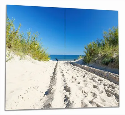 Produktbild von Wallario Herdabdeckplatte aus Glas, Größe 60 x 52 cm 2-teilig, Motiv Auf dem Sandweg zum Strand - Blauer Himmel über dem Meer
