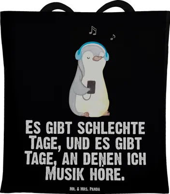 Produktbild von Mr. & Mrs. Panda canvas tasche Pinguin Musik hören - Schwarz - Geschenk, Schultasche, Laptoptasche, Tote Bag, Tragetasche, Lieblingssong, dokumententasche