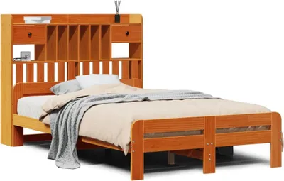 Produktbild von Massivholzbett mit Regal ohne Matratze Wachsbraun 135x190 cm