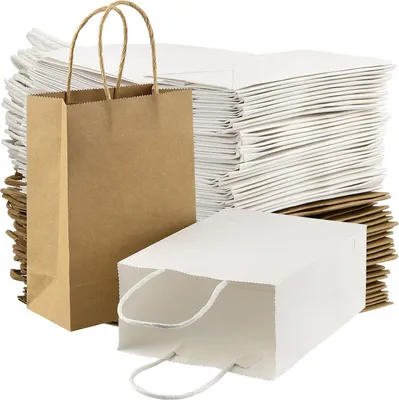 Produktbild von 60 Stück Kraftpapiertüten mit Henkel - kleine Papiertüten für Bastelarbeiten - Weihnachten Halloween Geburtstag - weiß und braun