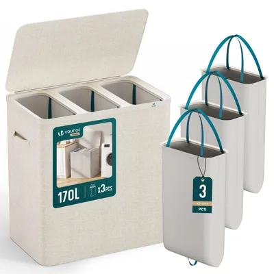 Produktbild von VOUNOT® Wäschekorb 3 Fächer 170L, Wäschesammler mit Deckel  Beige