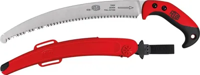 A pruning saw and its sheath are displayed against a white background.
